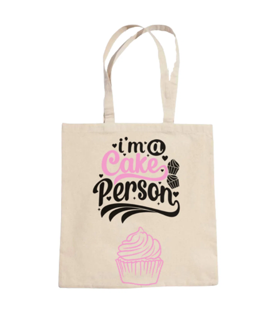 Πάνινη τσάντα με φράση "I 'm a cake person" για βιβλία και ψώνια